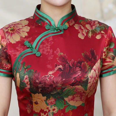 真丝定制zy0190042020新款喷绘牡丹花时尚旗袍礼服批发定制牡丹花旗袍
