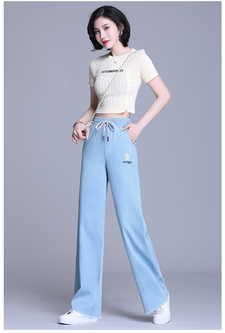 阔腿裤女夏季高腰垂感超薄款浅蓝色直筒休闲小雏菊天丝牛仔裤ty2011