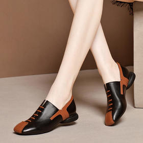RB107-1新品高档真皮大码拼色低粗跟方头深口单鞋