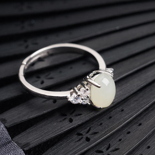 925镶嵌白玉纯银开口带证书天然玉手饰和田玉戒指货号g8455