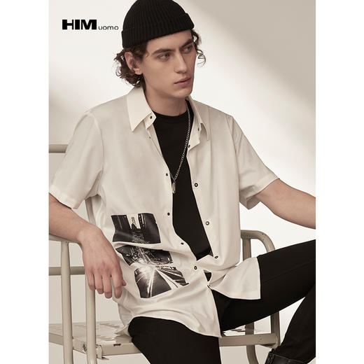 HIM漢崇 男装夏季印花短袖衬衣外套宽松男士衬衫潮 商品图2