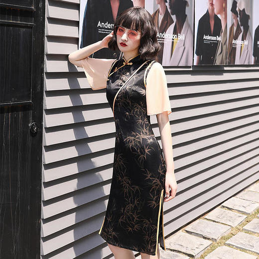 HX-Q143国风复古修身荷叶袖连衣裙 商品图1