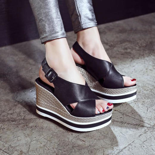 DTN551-夏季新款真皮坡跟厚底百搭罗马鞋 商品图1