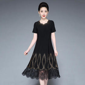 YZL-228修身舒适短袖时尚烫钻蕾丝连衣裙