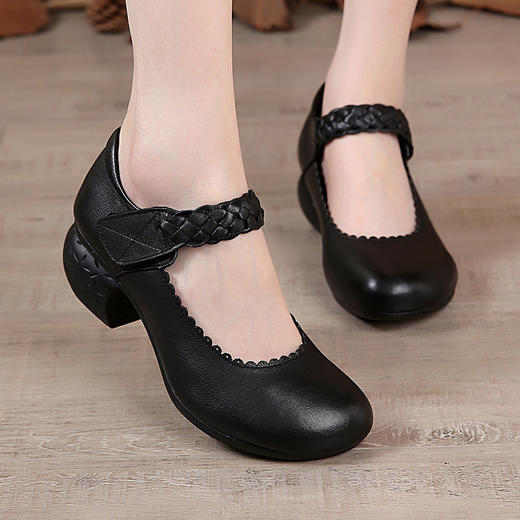 YB-D8898-3花惜月牛皮单鞋休闲圆头粗跟浅口复古女鞋WY 商品图1