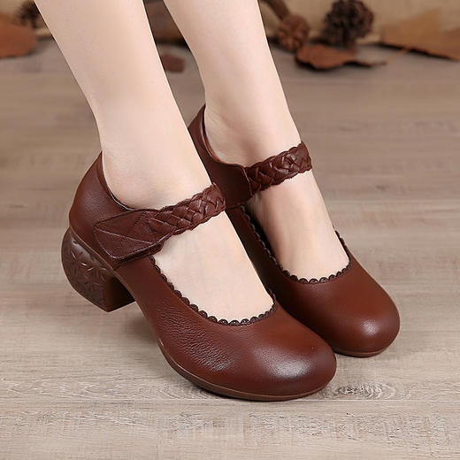 YB-D8898-3花惜月牛皮单鞋休闲圆头粗跟浅口复古女鞋WY 商品图2