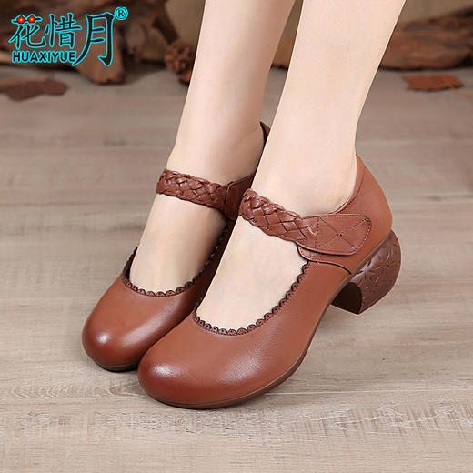 YB-D8898-3花惜月牛皮单鞋休闲圆头粗跟浅口复古女鞋WY 商品图0