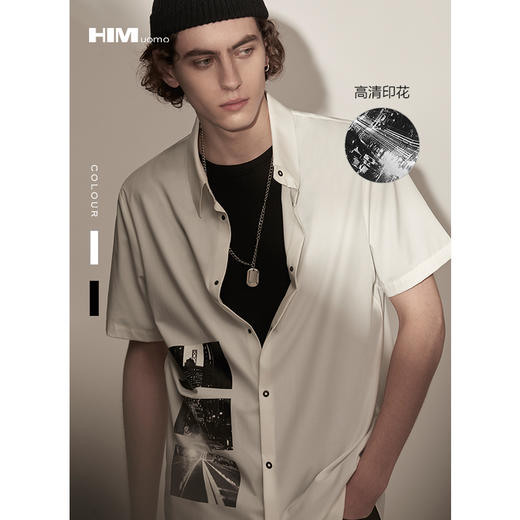 HIM漢崇 男装夏季印花短袖衬衣外套宽松男士衬衫潮 商品图0