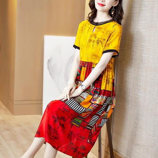 SMJR8203157真丝中长款短袖印花裙子 商品图1