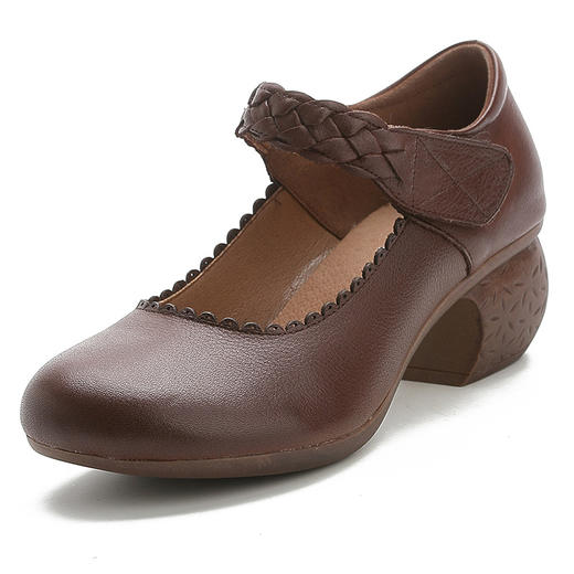 YB-D8898-3花惜月牛皮单鞋休闲圆头粗跟浅口复古女鞋WY 商品图4