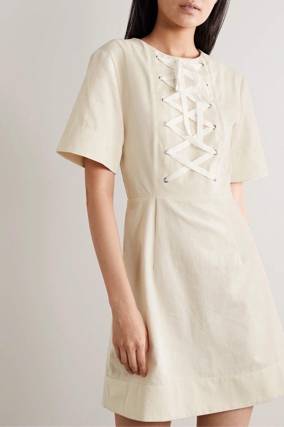 纯棉帆布前系带连衣裙