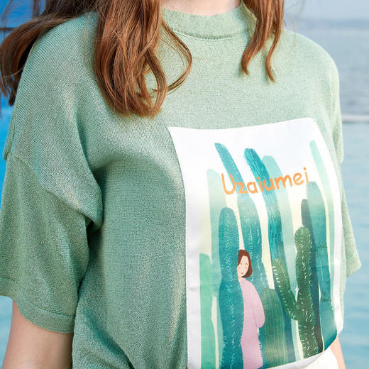 欧芮儿夏装新款女装圆领薄款针织衫女短袖个性图案宽松小衫 商品图3