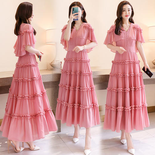 WZNH-YQH2010夏季韩版中长款拉链通勤短袖雪纺连衣裙 商品图0