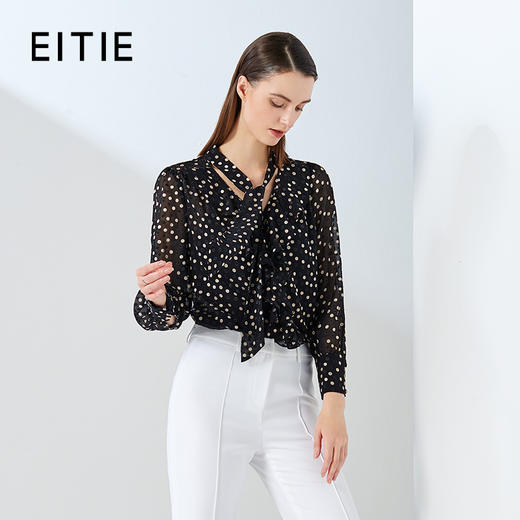 EITIE爱特爱女装夏款复古波点网纱透视飘带桑蚕丝女上衣衬衫6209904 商品图0