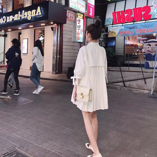 【文艺娃娃衫百褶衬衣裙子】夏装复古休闲宽松中长款白色洋气衬衫女连衣裙 商品图2