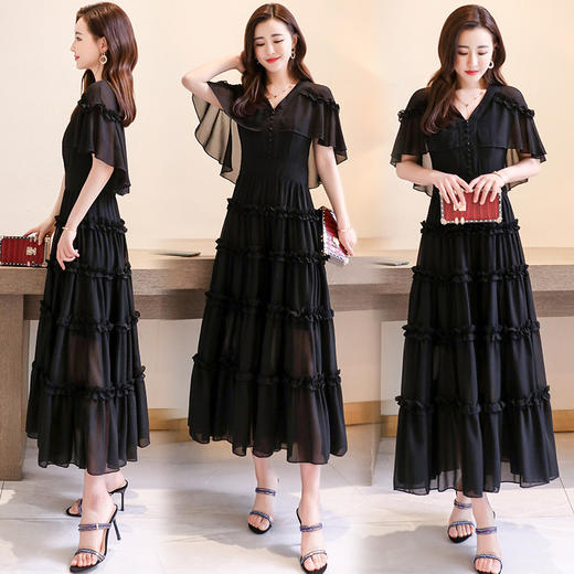 WZNH-YQH2010夏季韩版中长款拉链通勤短袖雪纺连衣裙 商品图2