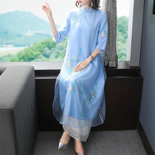 OG-1095复古民族风文艺宽松如意纱刺绣连衣裙 商品图1