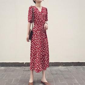 【波点过膝法式泡泡袖连衣裙】v领中长款裙子女气质显瘦裙子