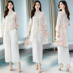 CQ-XZCC2025时尚中国风文艺立领经典宽松阔脚裤两件套