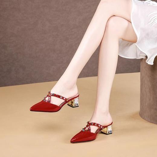 OLD-A491夏季新款粗跟真皮穆勒鞋包头凉拖鞋 商品图1