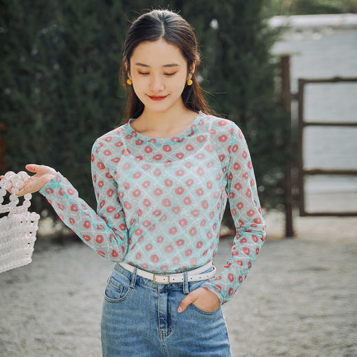 茵曼长袖t恤女2020夏装新款宽松撞色花朵印花圆领轻薄泫雅风上衣