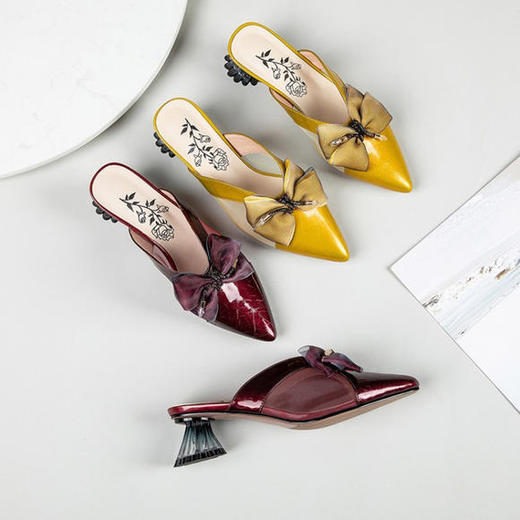 OLZ510-夏季新款网纱蝴蝶结真皮水晶中跟尖头凉拖鞋 商品图1