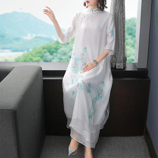OG-1095复古民族风文艺宽松如意纱刺绣连衣裙 商品图0