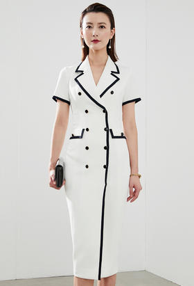 “ 财阀夫人” 新款短袖J9383911X颈袖添香装新款OL职业正装收腰显瘦包臀中长款西装领连衣裙J9383911T1X5