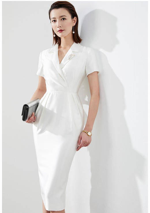 “幽光贝母”J8382948X颈袖添香年装气质修身包臀职场OL正装短分袖翻领连衣裙女J8382948X 商品图6