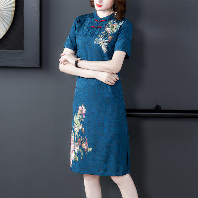 AHM 8610 2020年孔雀蓝仿连衣裙子复古旗袍改良中式 商品图1