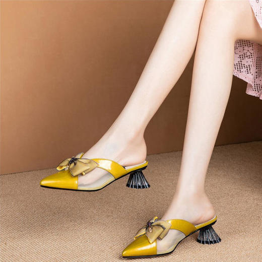 OLZ510-夏季新款网纱蝴蝶结真皮水晶中跟尖头凉拖鞋 商品图3