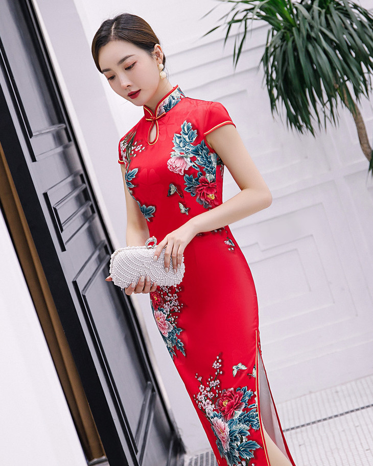 za91082020新款春夏丝绸双层长款旗袍日常气质大红
