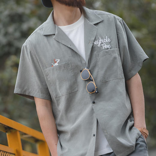 马登工装法式复古短袖衬衫桃皮绒美式宽松阿美咔叽衬衣古巴领男夏 商品图1