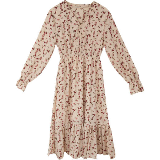 【高腰显瘦系带中长款连衣裙】花色炒美宽松V领蝴蝶袖女裙子春秋款 商品图4