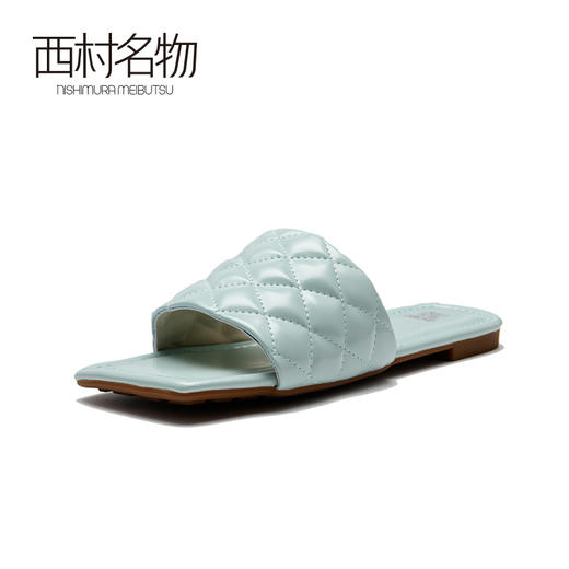 西村名物2020春夏新款格菱纹一字拖女鞋网红方头平底凉拖女T20BJ23631 商品图4