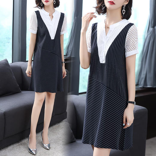 AHM-wmy9258新款假两件大码胖mm蕾丝拼接条纹连衣裙 商品图2