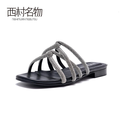 西村名物2020春夏凉鞋女绑带水钻漏脚趾凉拖粗跟方头穆勒鞋T20BJ23381 商品图4
