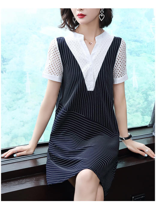 AHM-wmy9258新款假两件大码胖mm蕾丝拼接条纹连衣裙 商品图4