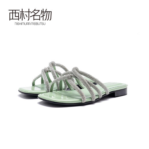 西村名物2020春夏凉鞋女绑带水钻漏脚趾凉拖粗跟方头穆勒鞋T20BJ23381 商品图1