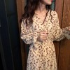【高腰显瘦系带中长款连衣裙】花色炒美宽松V领蝴蝶袖女裙子春秋款 商品缩略图1