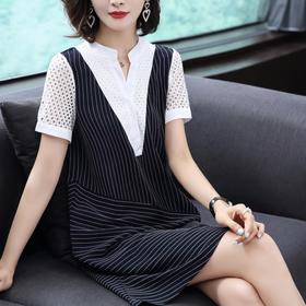 AHM-wmy9258新款假两件大码胖mm蕾丝拼接条纹连衣裙