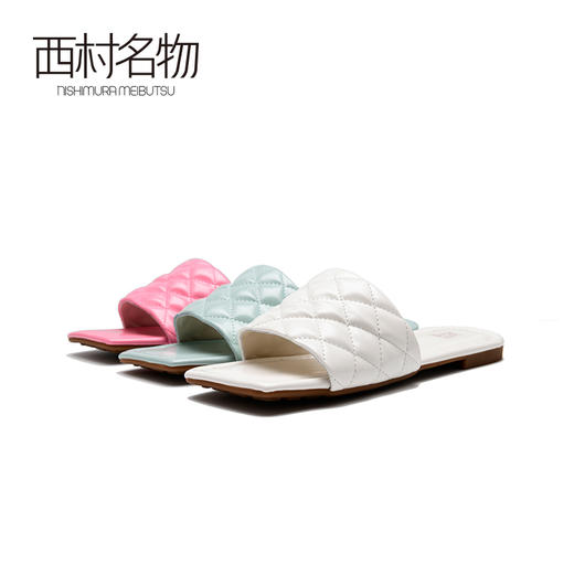 西村名物2020春夏新款格菱纹一字拖女鞋网红方头平底凉拖女T20BJ23631 商品图0