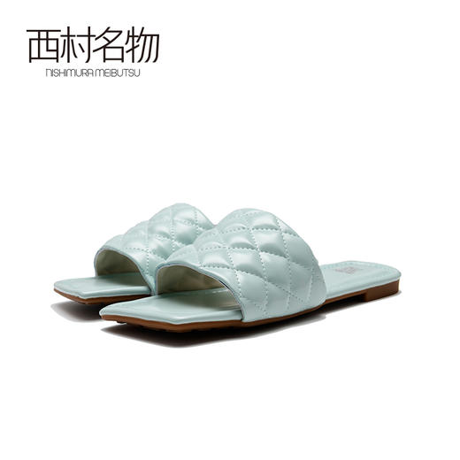 西村名物2020春夏新款格菱纹一字拖女鞋网红方头平底凉拖女T20BJ23631 商品图1