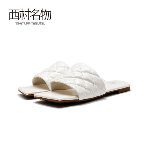 西村名物2020春夏新款格菱纹一字拖女鞋网红方头平底凉拖女T20BJ23631 商品图3