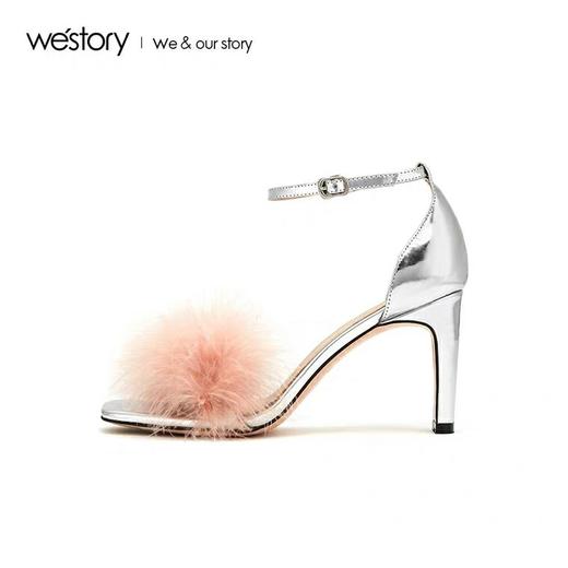 westory2020新款小仙女高跟凉鞋粗跟粉色绒毛少女单鞋W29BG60111 商品图2