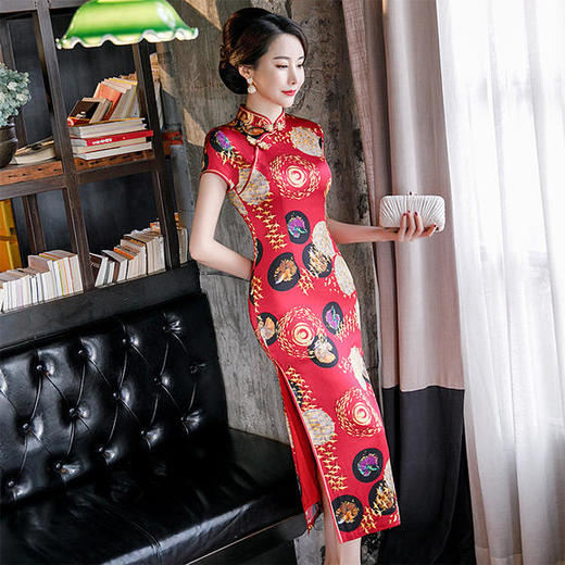 qq9599新款中国风立领真丝长款旗袍裙