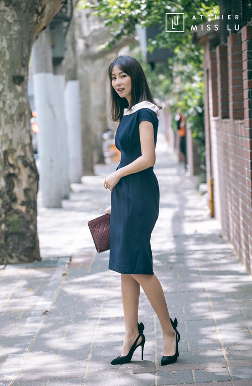 AtelierMissLu /Lucero-藏青色复古领职场连身裙 商品图6