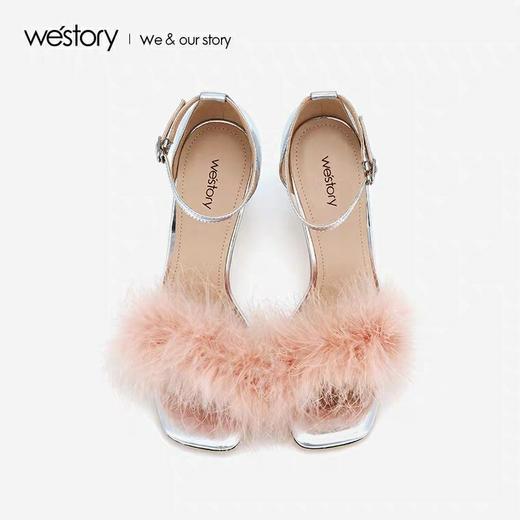 westory2020新款小仙女高跟凉鞋粗跟粉色绒毛少女单鞋W29BG60111 商品图1