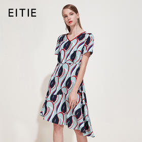EITIE爱特爱夏季不规则荷叶边裙摆抽象印花雪纺连衣裙女5907625