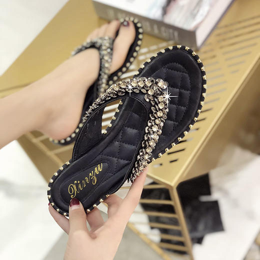 度假软沙滩防滑百搭外穿珍珠水钻人字凉拖鞋 商品图2